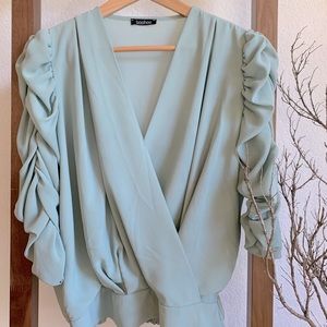 Woven Ruched Sleeve Blouse